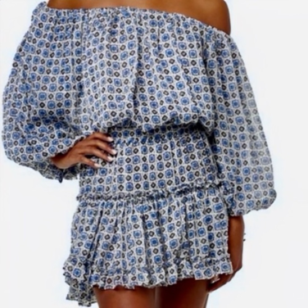 NWT MISA Los Angeles Zonia Off-The-Shoulder Chiffon Mini Dress in Scorpios Tile